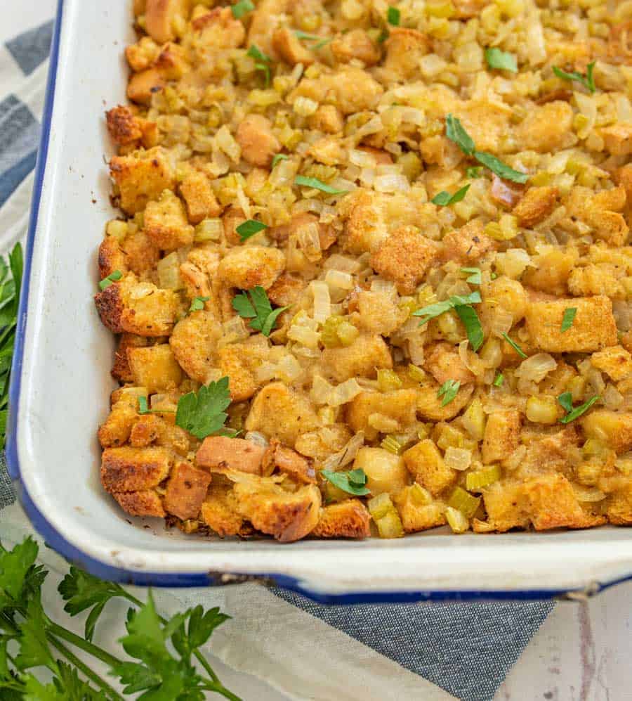 close up of stuffing in a white rectangular dish