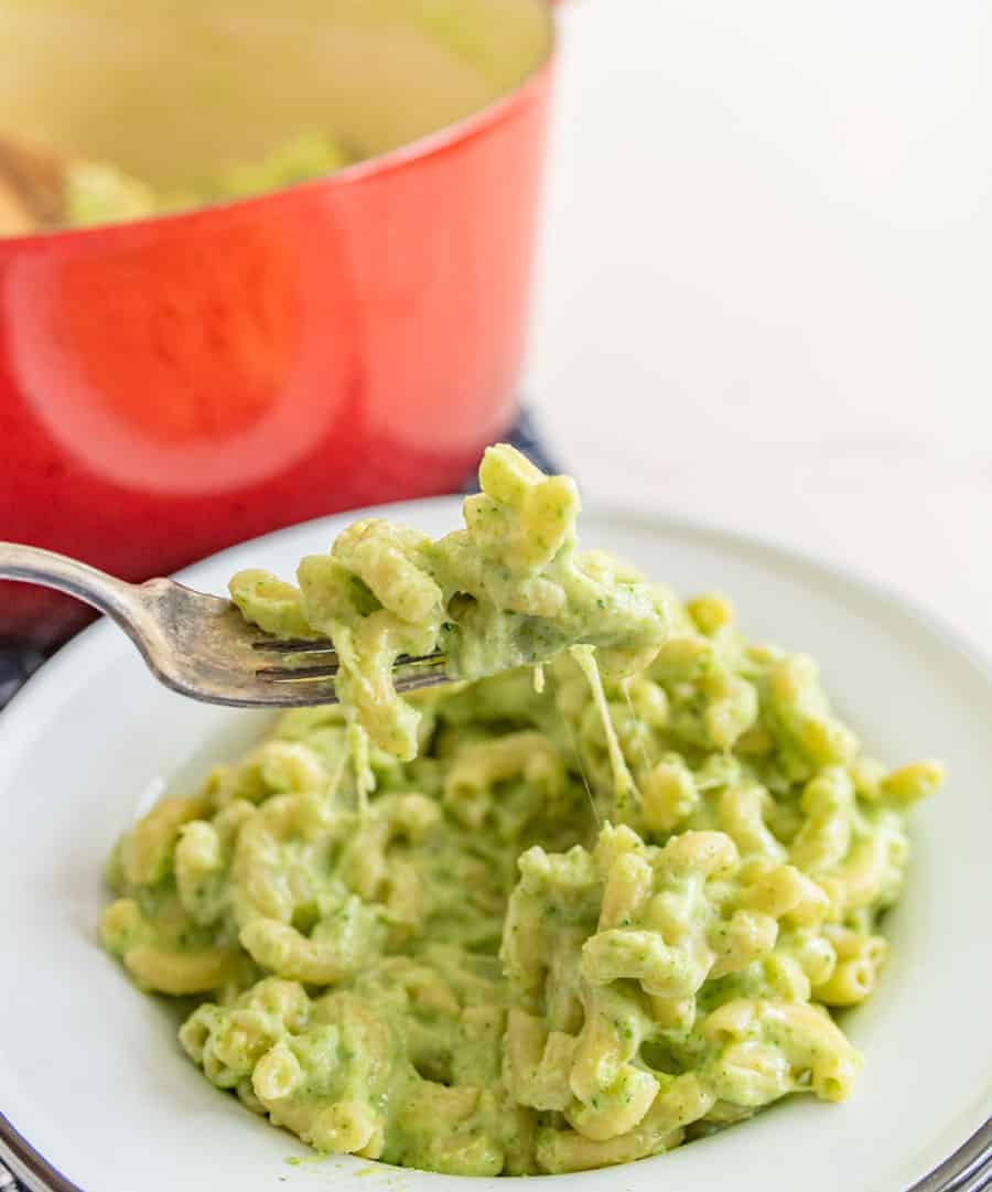 green macaroni and cheese in a white bowl with a metal fork holding a bite up red dutch oven pot full of mac and cheese in the background.