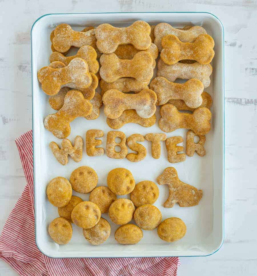 a baking dish of homemade pumpkin dog treats with bones and some in the shape of the letters WEBSTER.