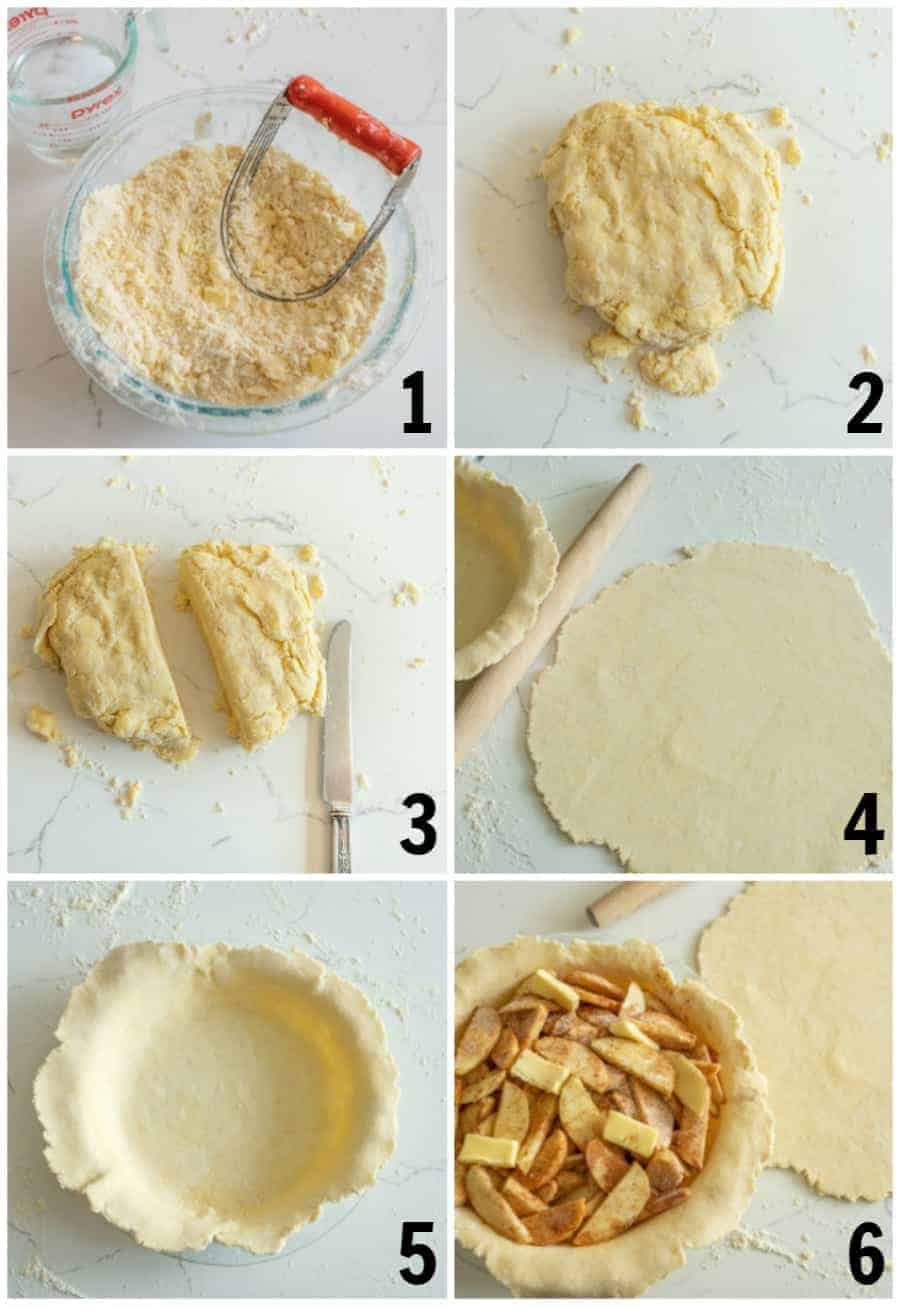 6 photo collage of how to make a pie crust step by step.