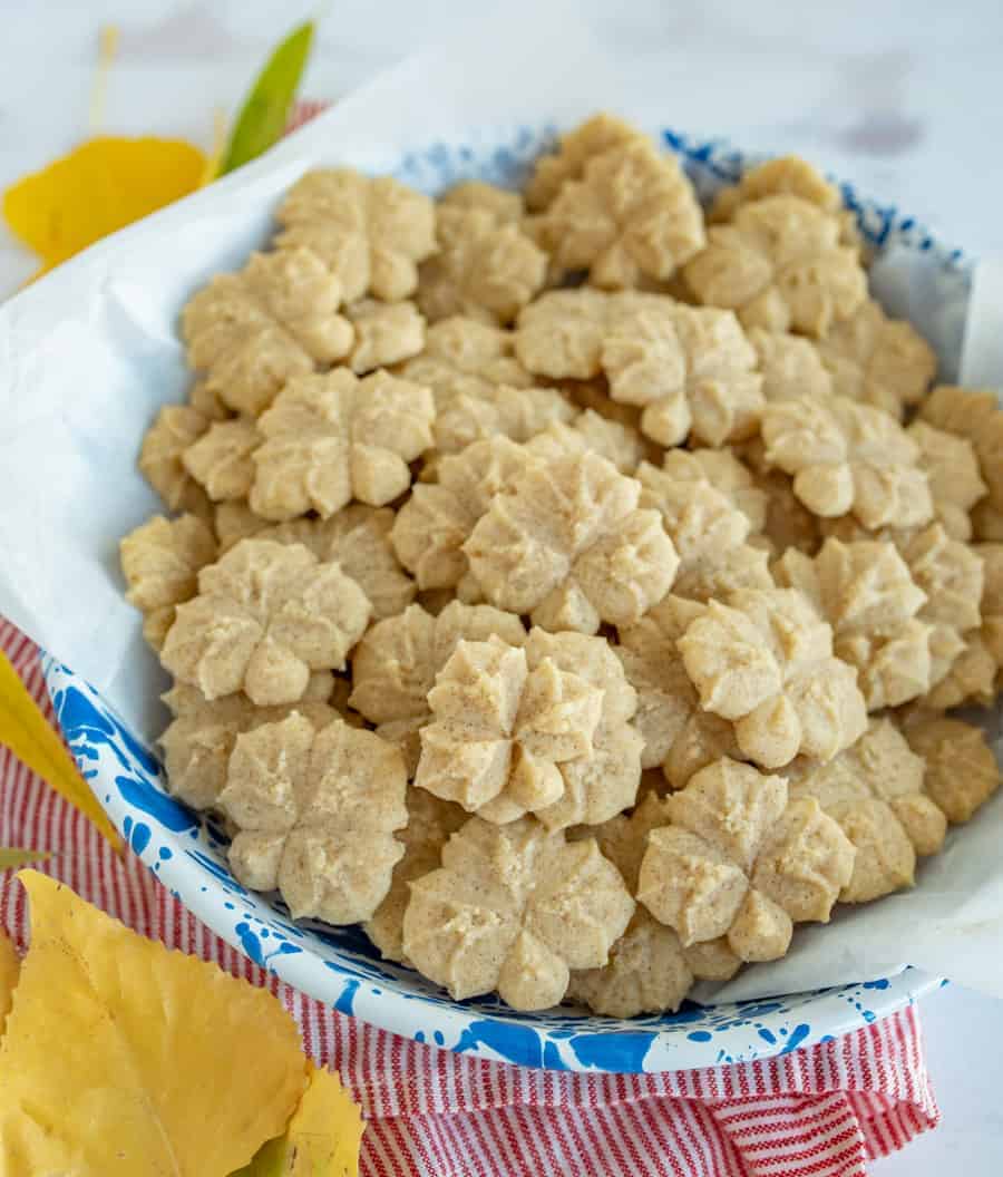 pumpkin spice spritz cookies in a bowl.