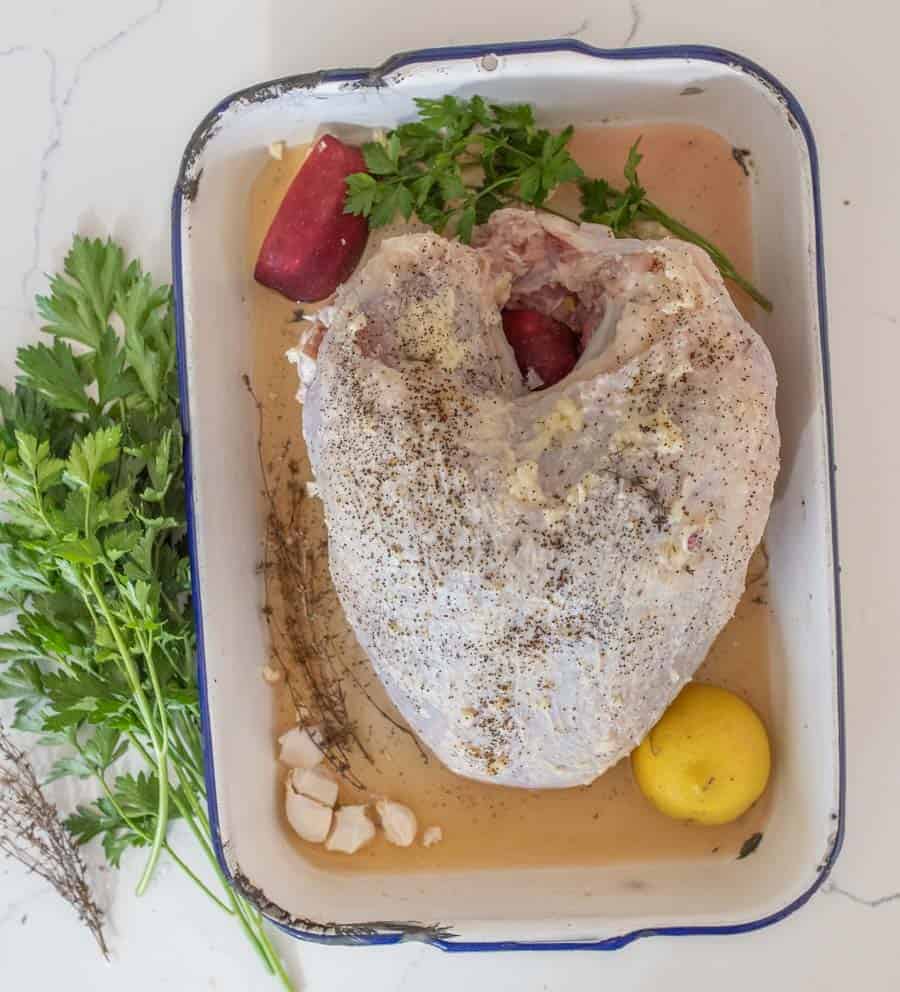 Raw turkey on a white rectangular dish with lemon, apple, and herbs.
