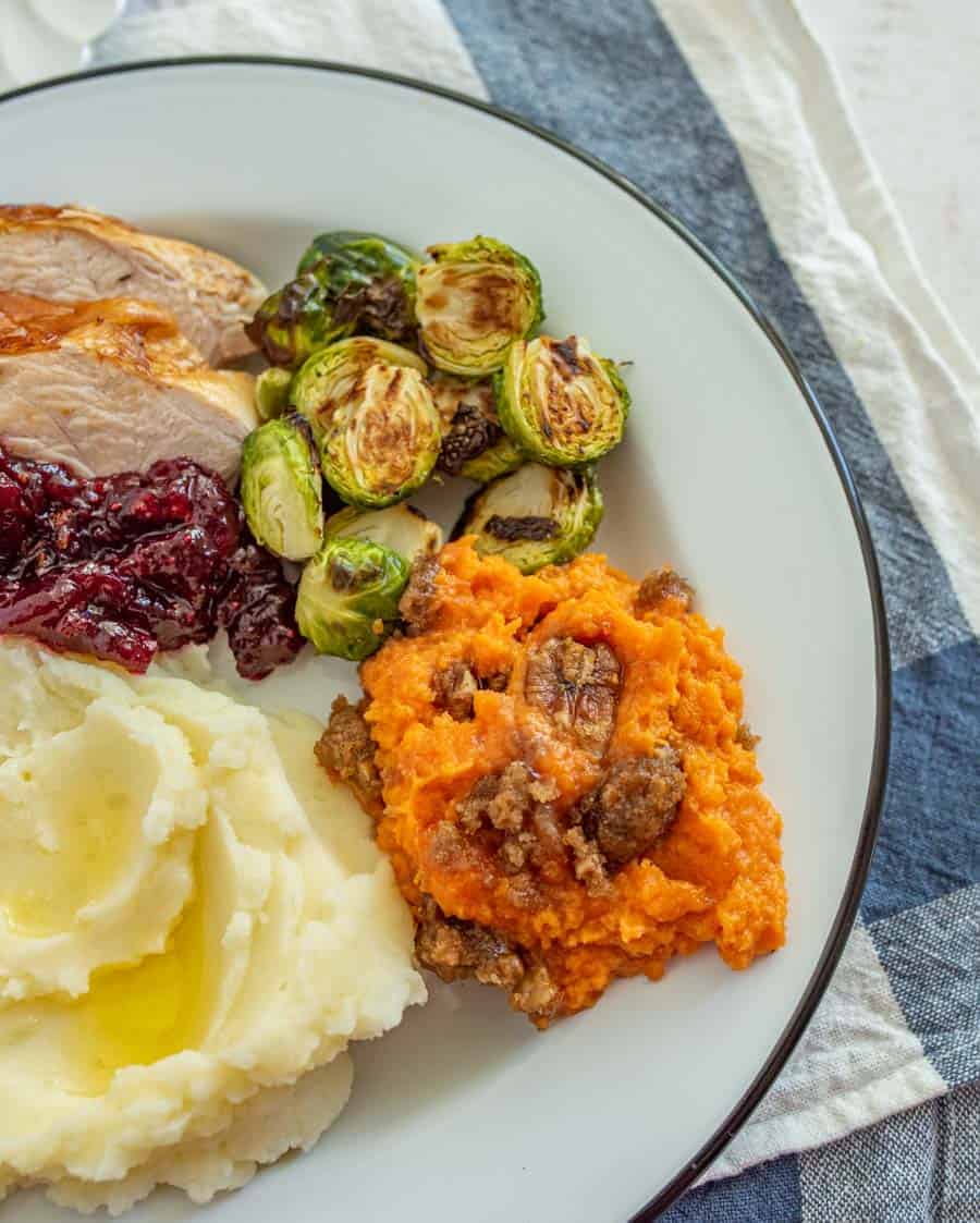 sweet potato casserole on a white plate.