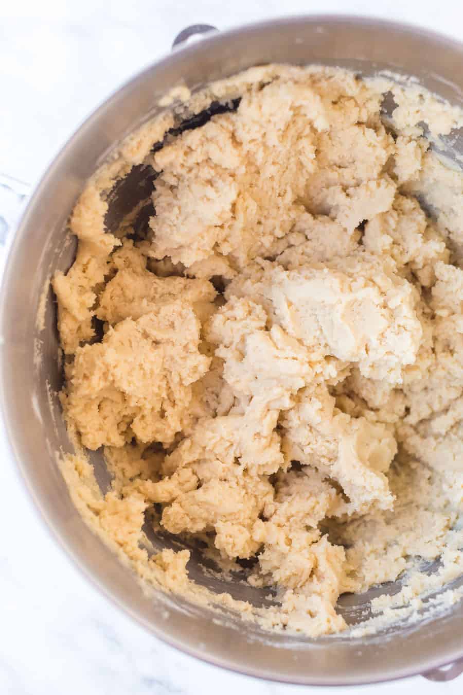 mixing bowl of sugar cookie dough.