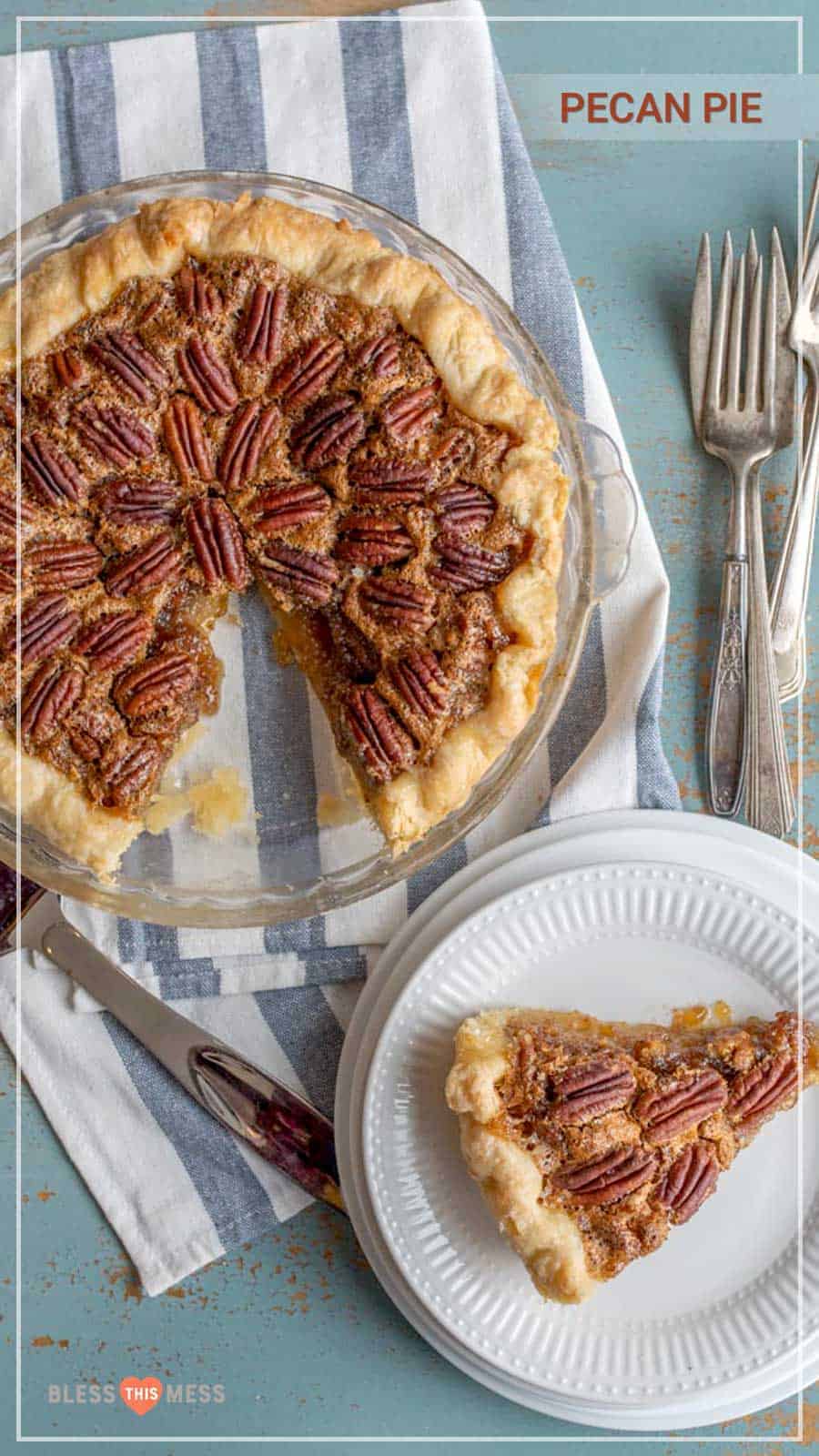 text reads "pecan pie" and shows the classic dessert with one slice taken out and on a white plate.