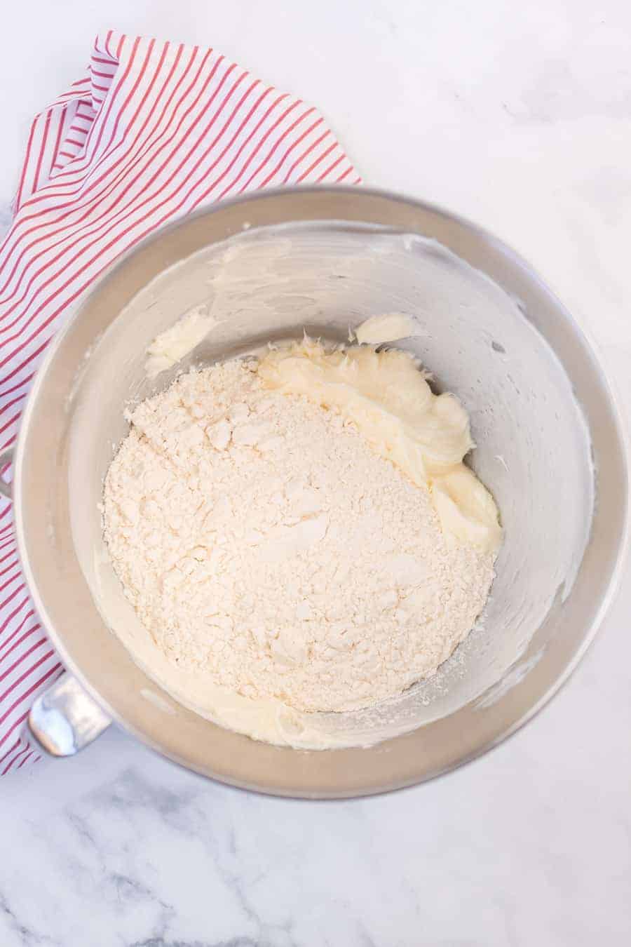 shortbread cookie dough dry ingredients in a mixing bowl