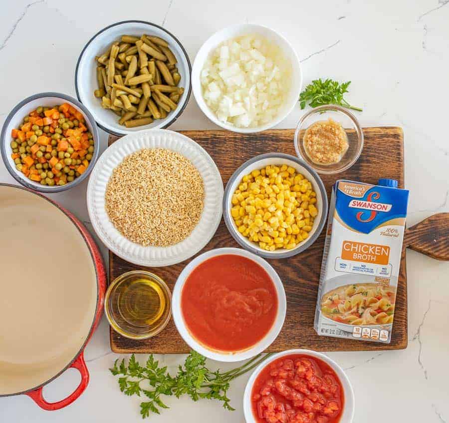 top view of ingredients of alphabet soup.