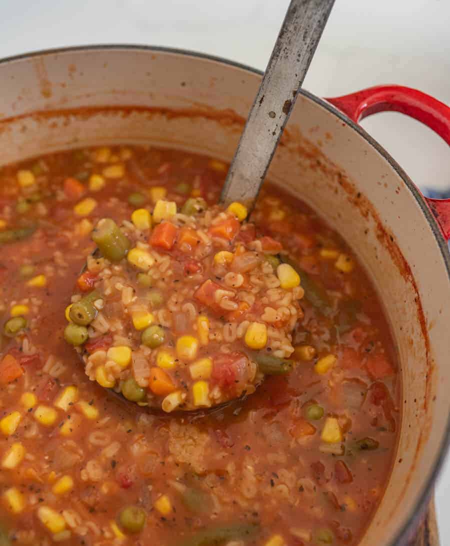 pot of healthy alphabet soup with ladle.