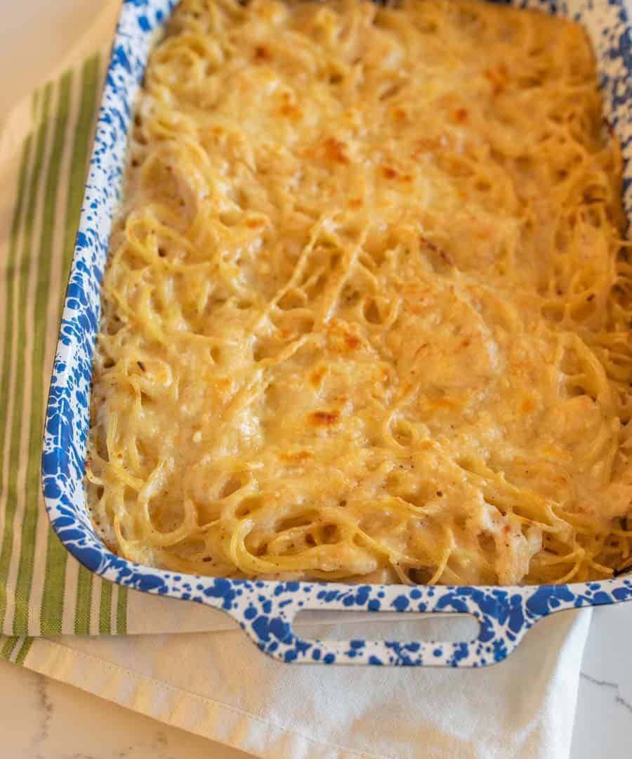 creamy turkey tetrazzini like a casserole in a dish.