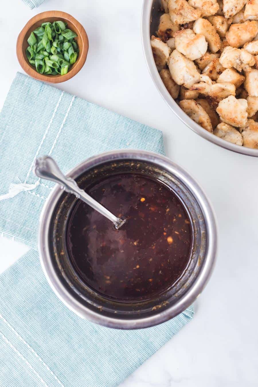 top view of mixing bowl of general Tso sauce.