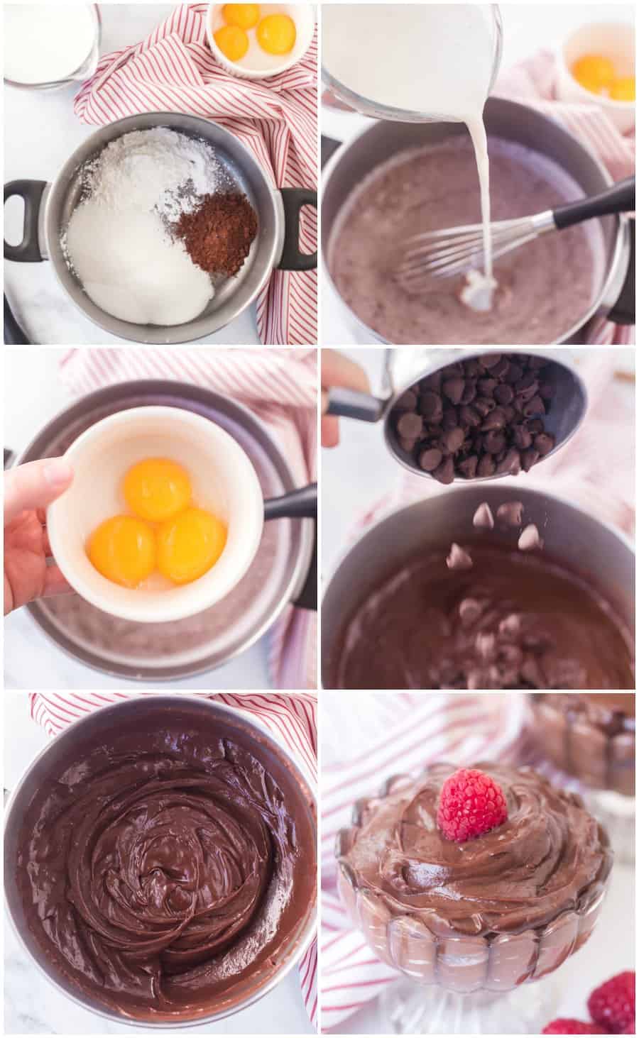 6 photo collage of making the chocolate pudding.