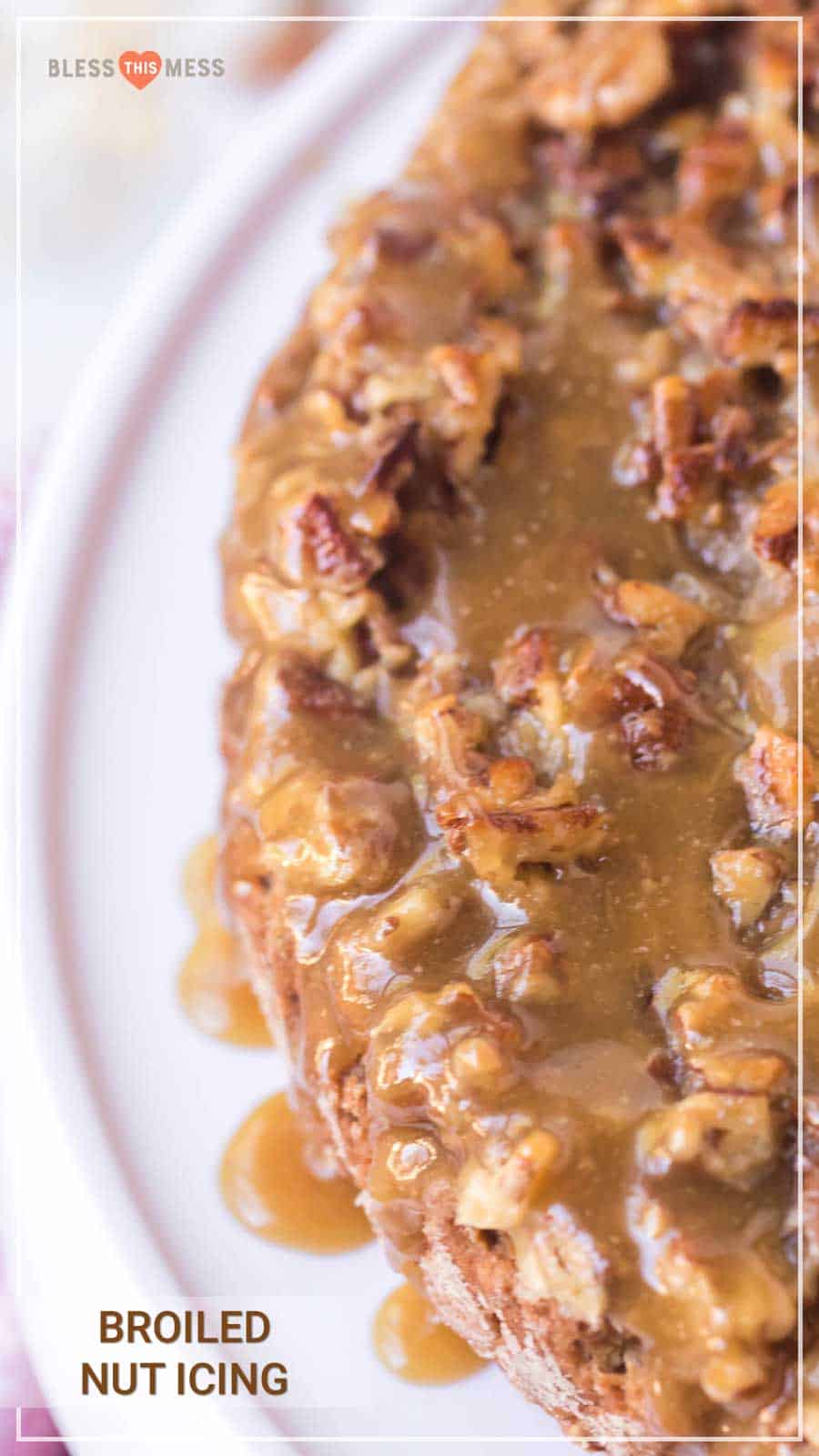 pin image featuring icing with nuts over a cake.