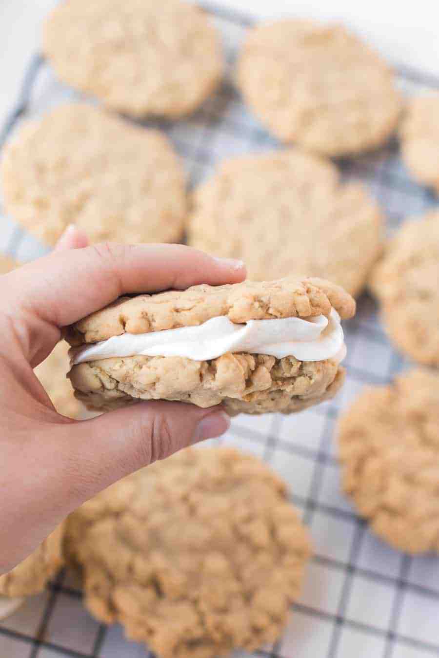 woman holding oatmeal cream pie with oatmeal cookies on cooling rack.