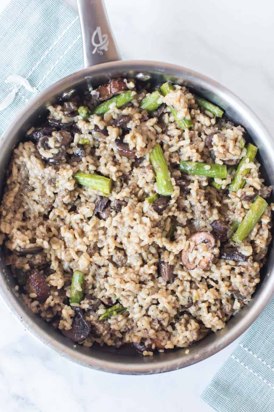 Sausage Asparagus and Mushroom Risotto in pan.