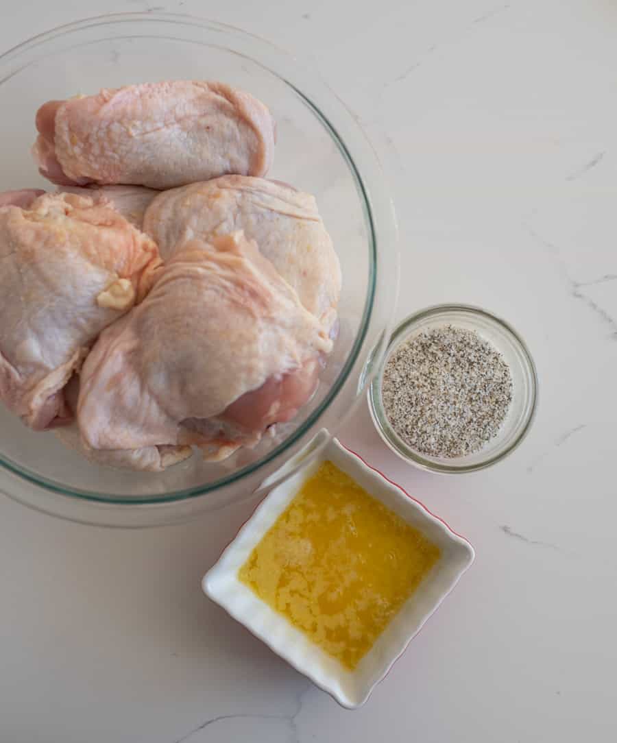 thicken thighs with oil and seasoning ready to begin the recipe.