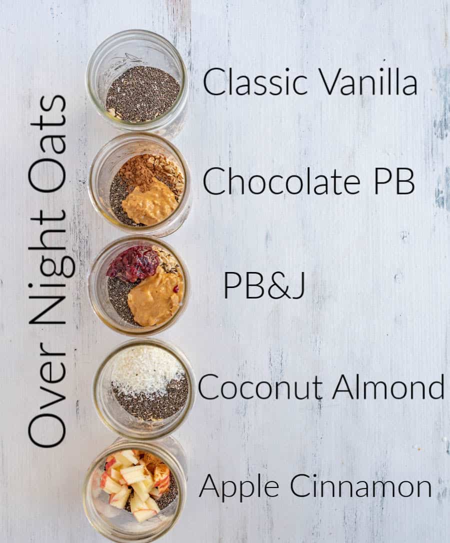 5 kinds of oats from the top down including classic vanilla and apple cinnamon.