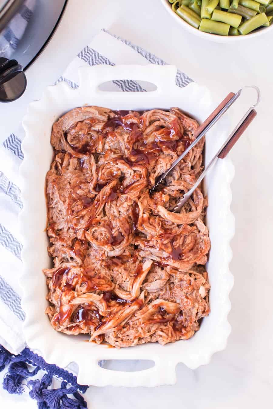 top view of the baking dish of BBQ pulled pork