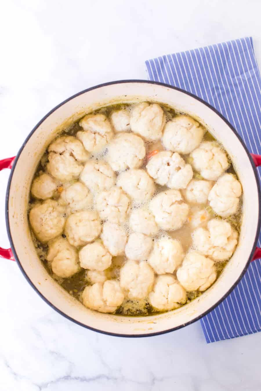 red dutch oven of dumplings floating in white bowl up close of chicken and dumplings soup before garnish.