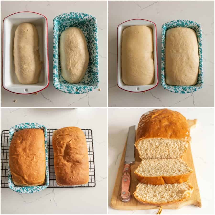 A four-panel image shows how to make bread without eggs, milk, or butter: dough rises in two loaf pans, then baked loaves cool on a rack. The final shot features a sliced loaf on a cutting board with a knife.