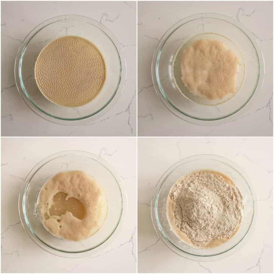 A four-panel image shows stages of yeast proofing for how to make bread without eggs, milk, or butter: first, yeast in water; then foam forms; finally, flour is added to the foamy mixture in a glass bowl on a light countertop.