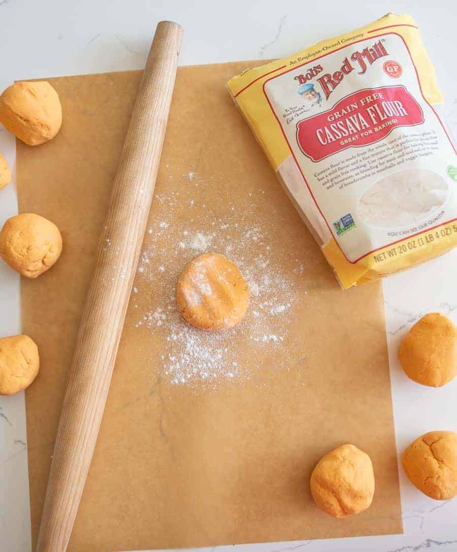 Cassava flour tortilla before rolling out.