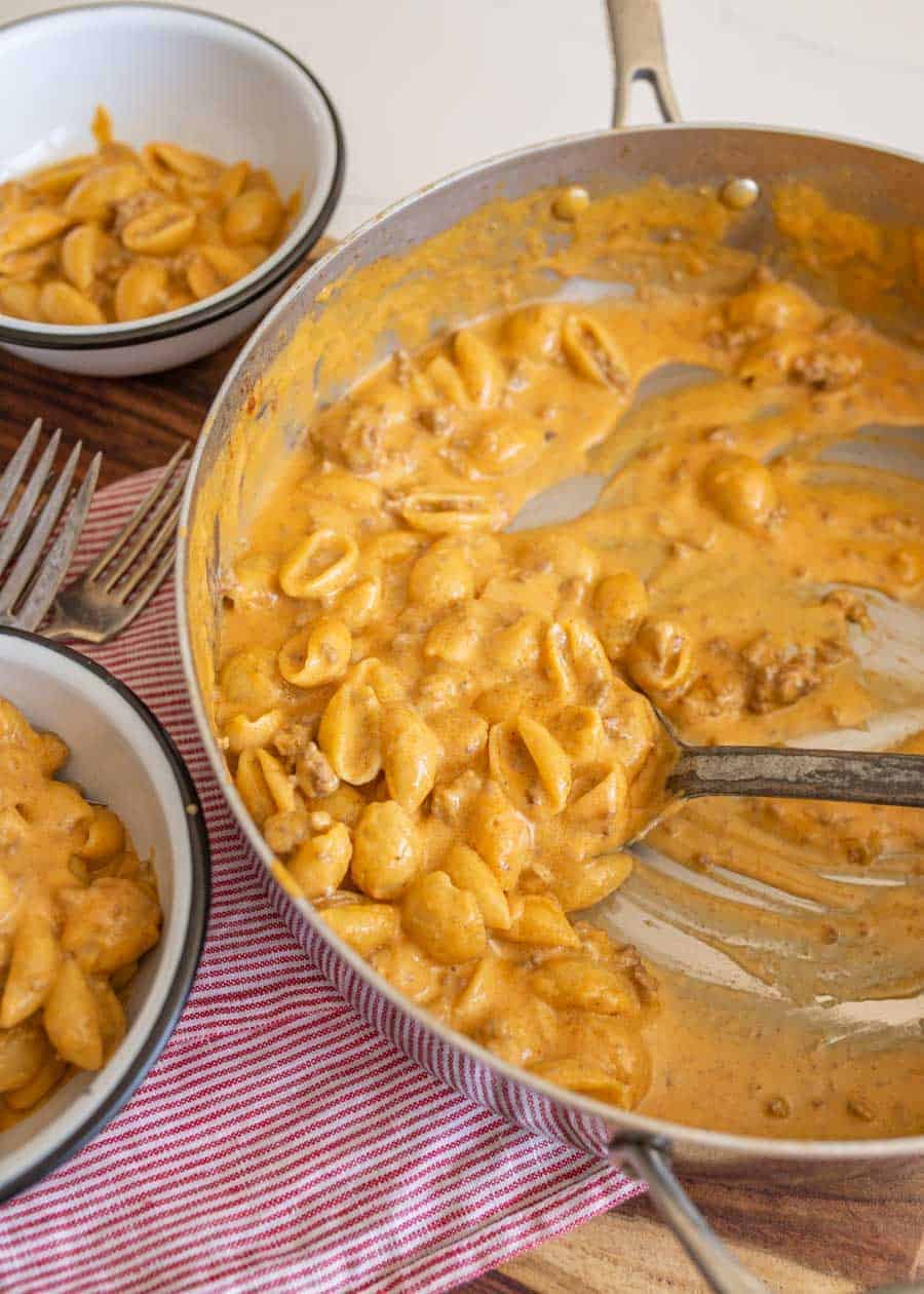 An almost empty pan of the cooked hamburger helper recipe.