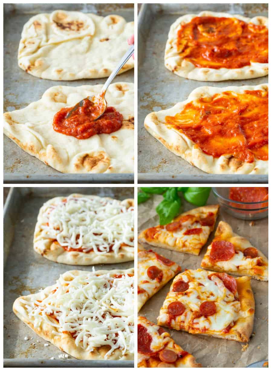 top left picture is of sauce being spread on flatbread, top right picture is of sauce on flatbread, bottom left picture is of cheese and sauce on flatbread, bottom right picture is of baked pepperoni flatbread pizza cut into slices.