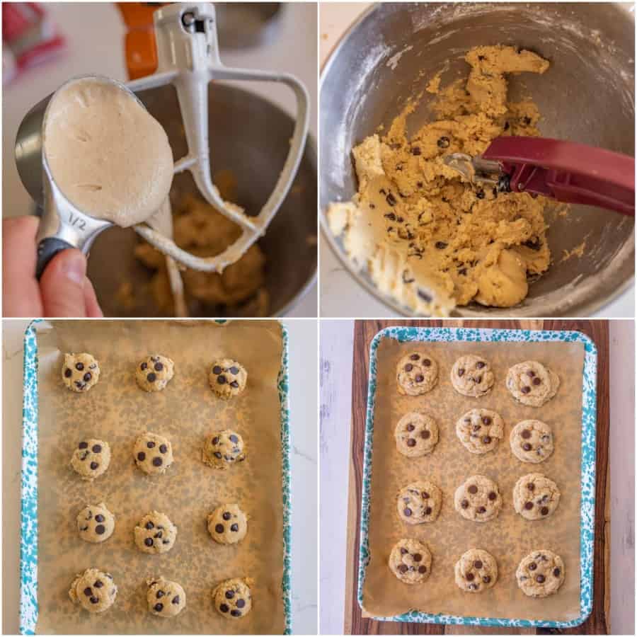 collage of 4 pictures on how to make sourdough chocolate chip cookies.