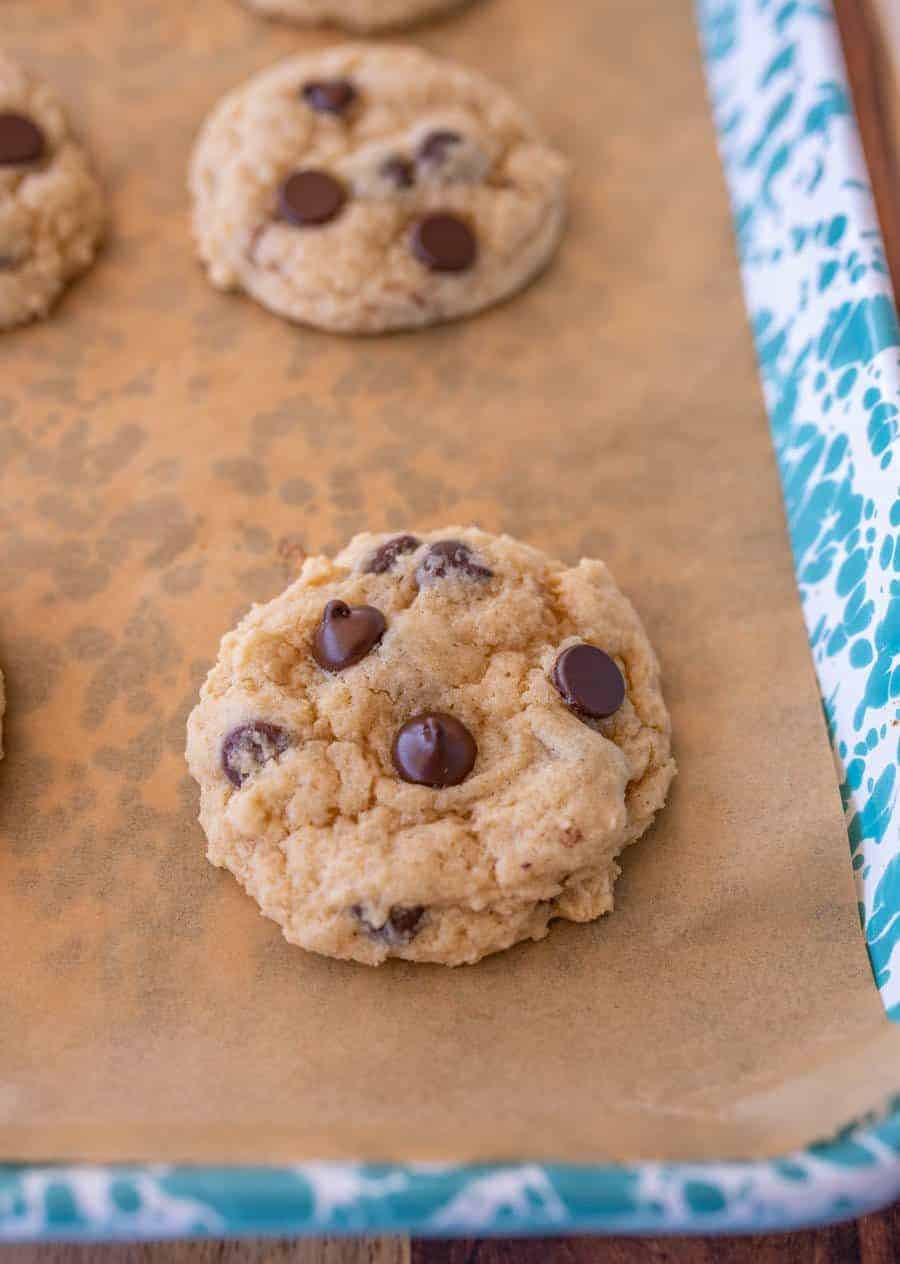 slow up of cookie with melted chocolate chips.