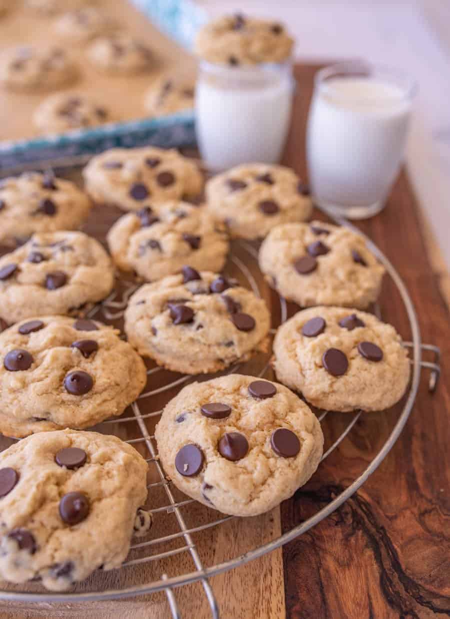 sourdough chocolate chip cookies on cooling rack.