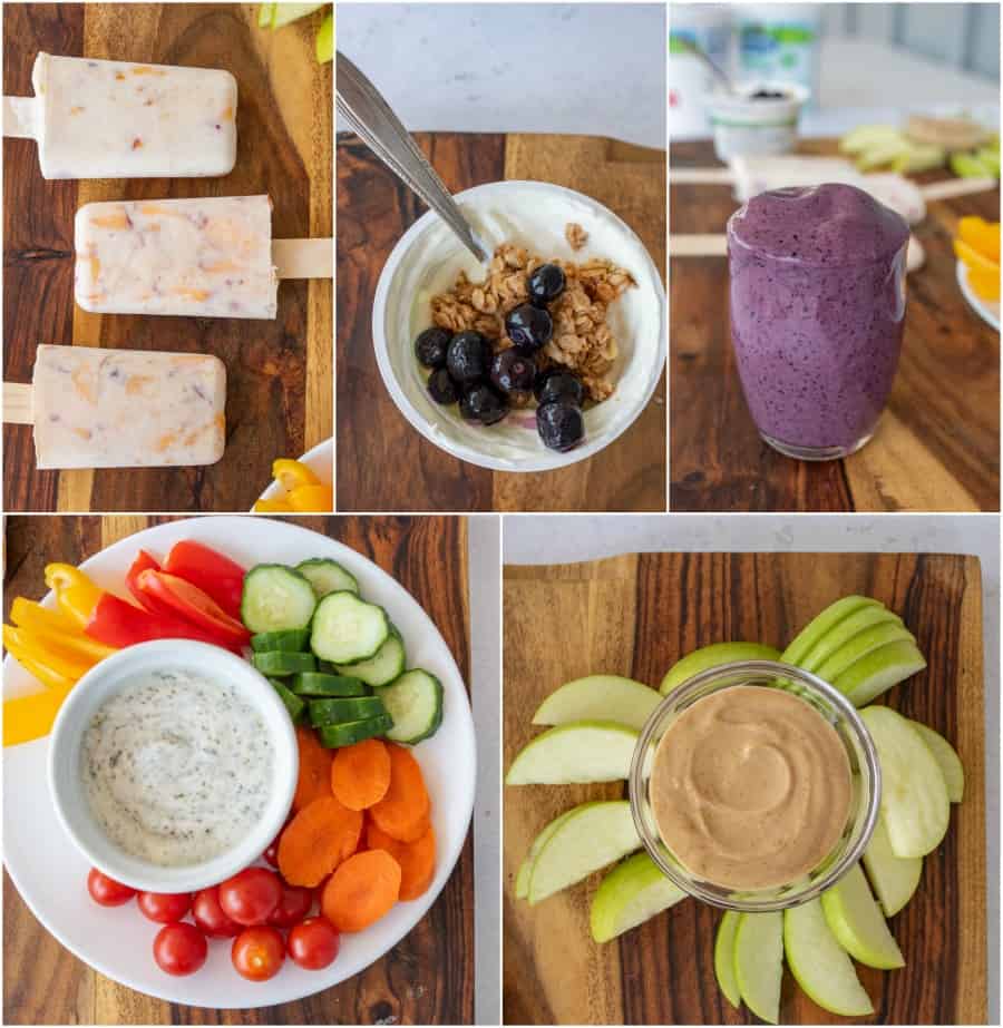 Collage of 5 healthy snacks ideas.