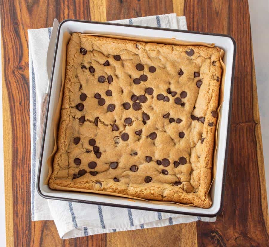 baked cookie bars in pan.
