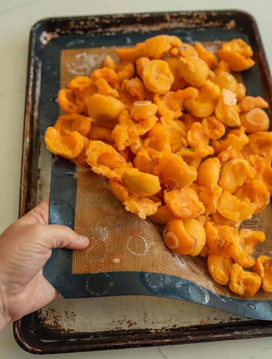 Hand bending the silicone baking mat to remove the frozen apricots from the baking sheet.