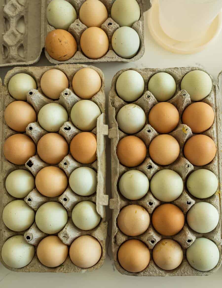 Top view of dozens of colorful eggs in cartons.