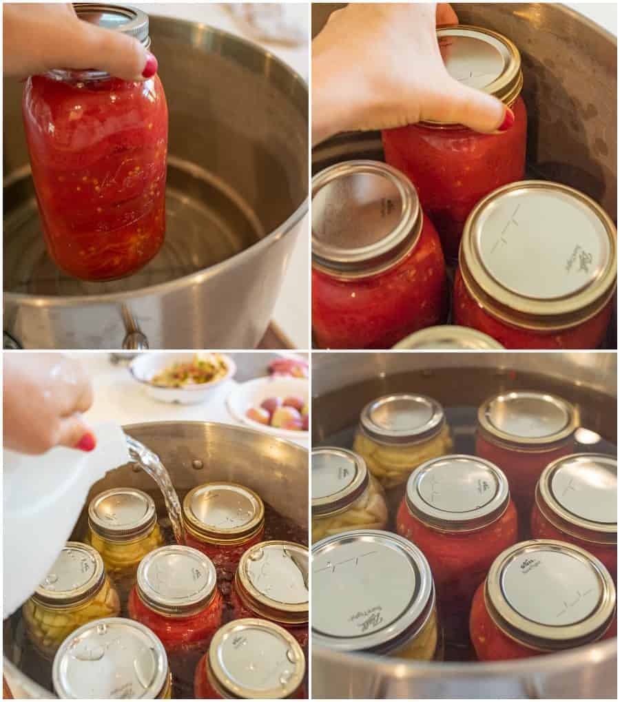 collage of mason jars with tomatoes being boiled for canning