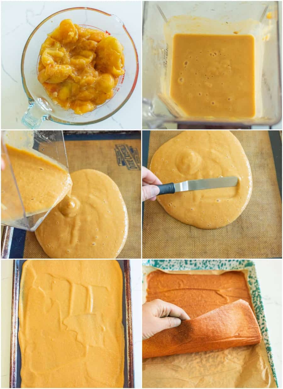 Six-step collage showing homemade fruit leather: peeled fruit purée is blended, poured onto a baking sheet, spread evenly, baked until smooth, then the finished fruit leather is rolled up by hand.
