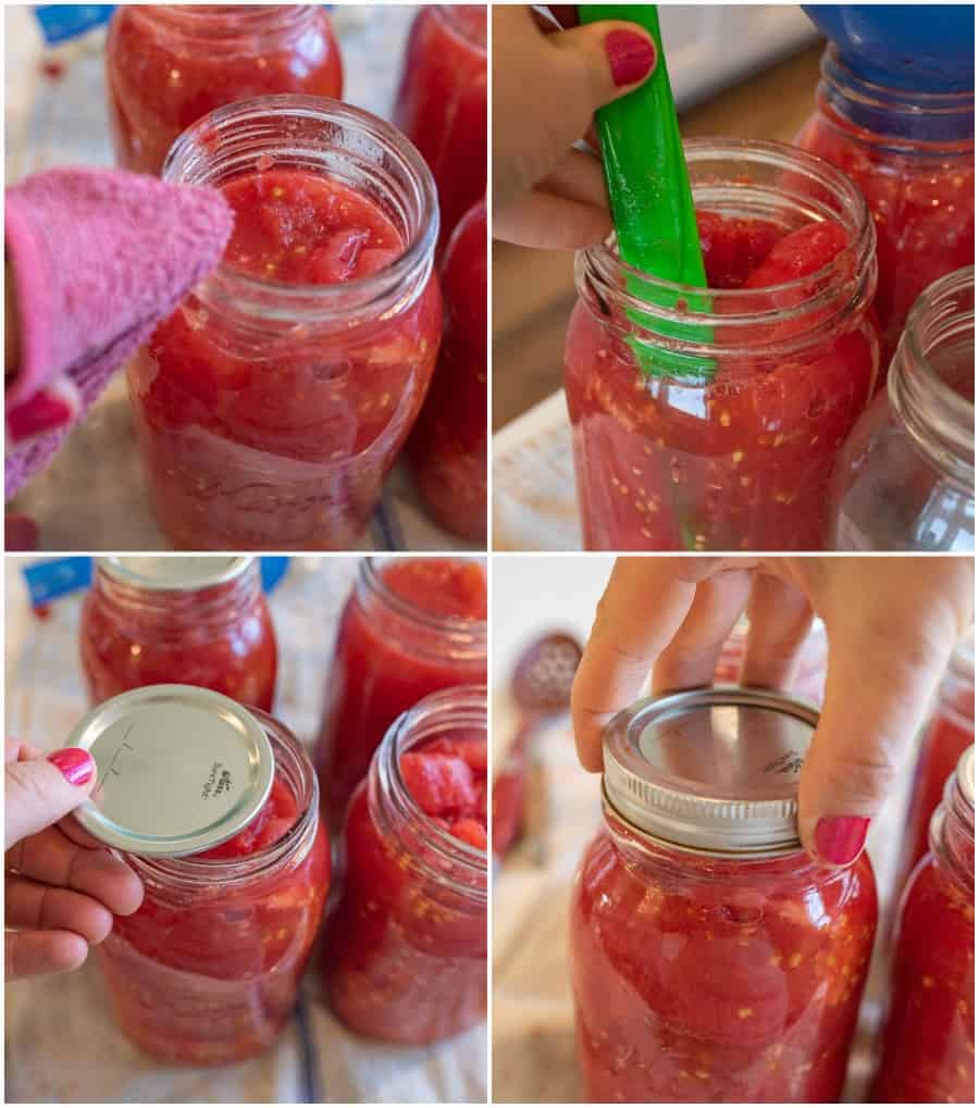 collage of mason jars with tomatoes being shut and seasoned for canning.