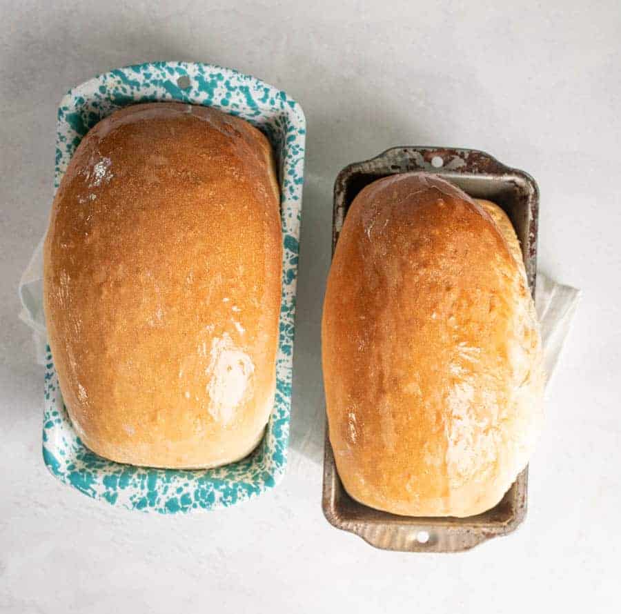 Top view of two loaves of baked white sandwich bread.