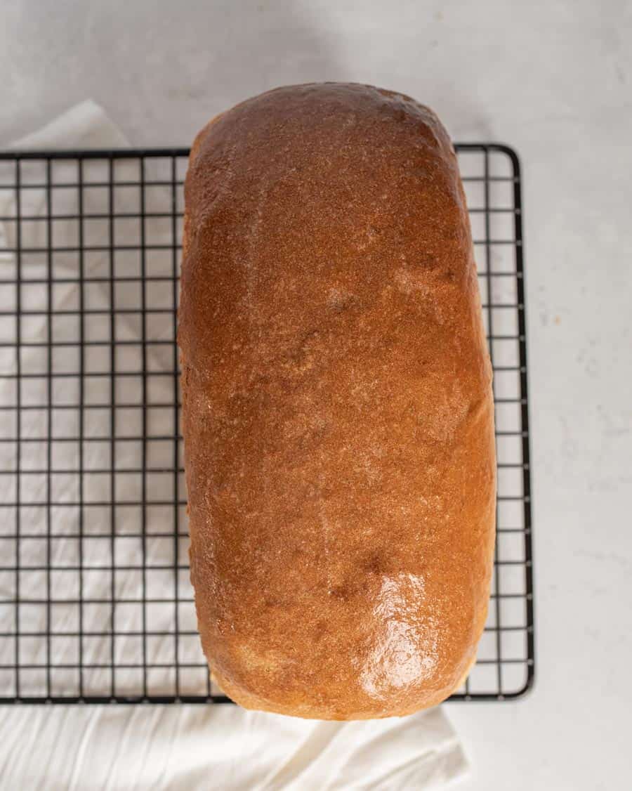 a loaf of whole wheat sandwich bread on cooling rack.