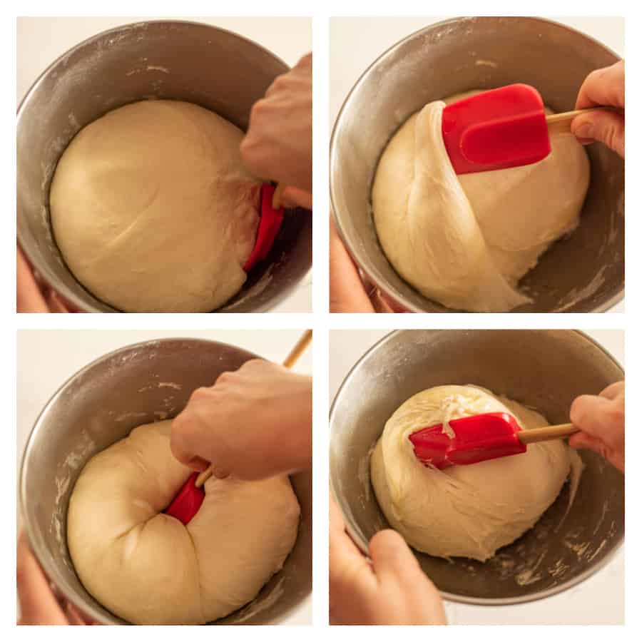 Four photo collage where the first photo is of a rubber spatula scooping into the side of the bread dough in a bowl, the second photo is of the rubber spatula scooping up the bread dough, the third photo is of the rubber spatula pressing into the center of the bread dough and the fourth photo is of the rubber spatula on top of the bread dough.