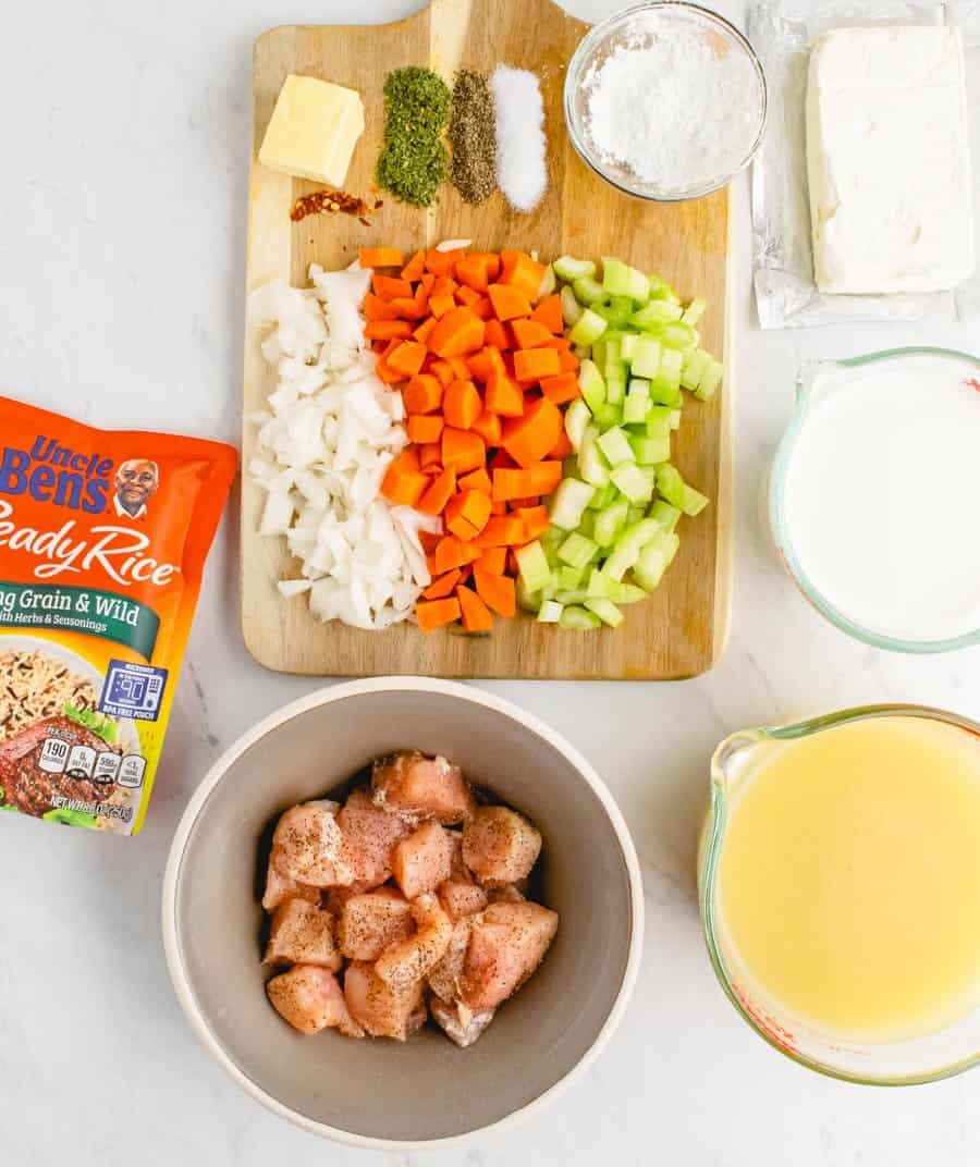 uncle bens rice and raw ingredients for the chicken and rice soup.