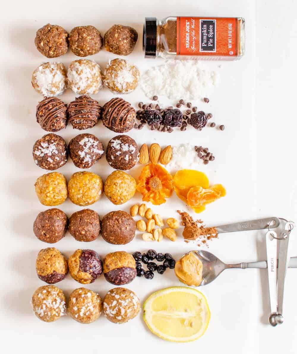 Photo of date energy balls in rows next to the ingredients for them