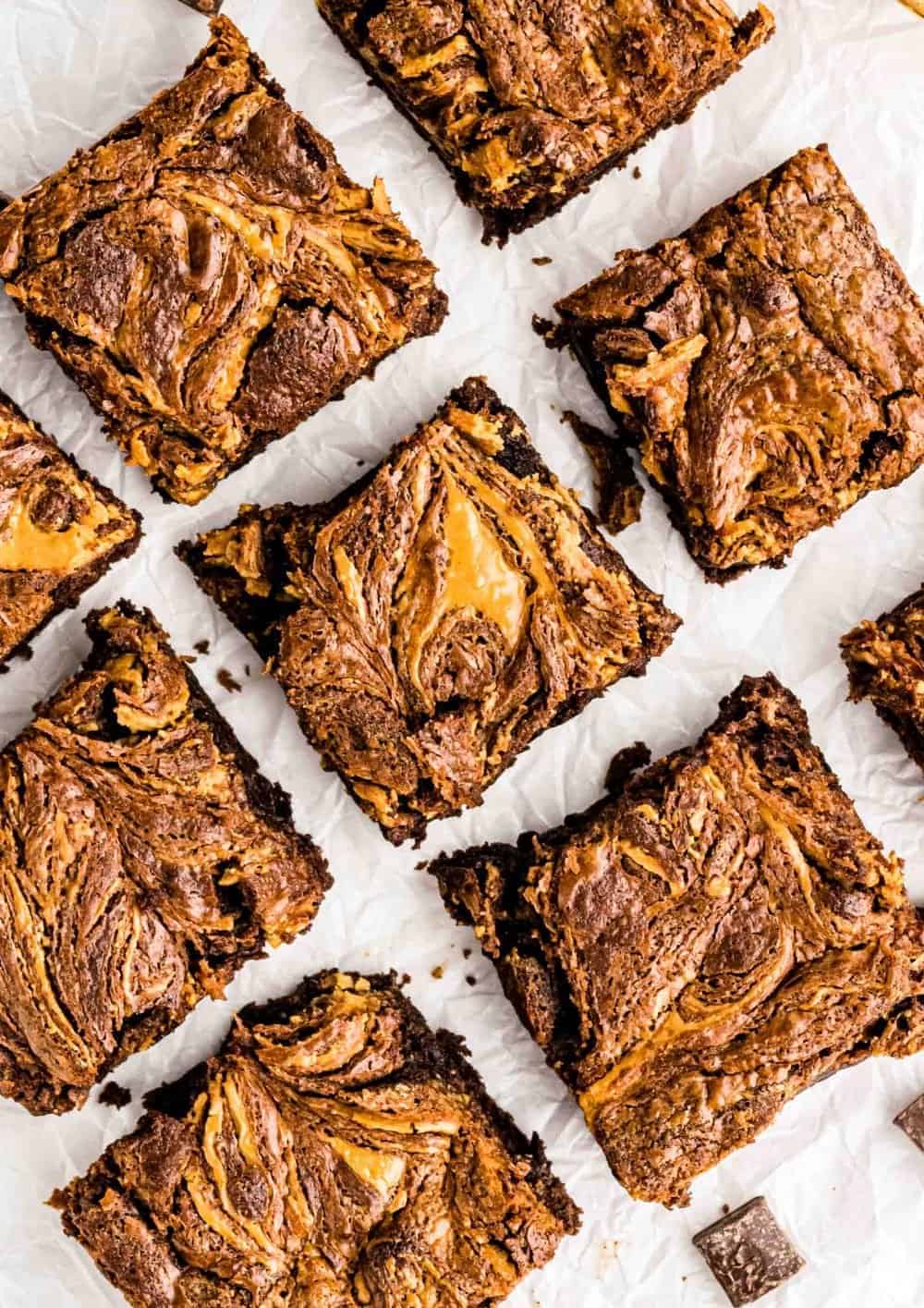 Top view close up of peanut butter brownie squares.