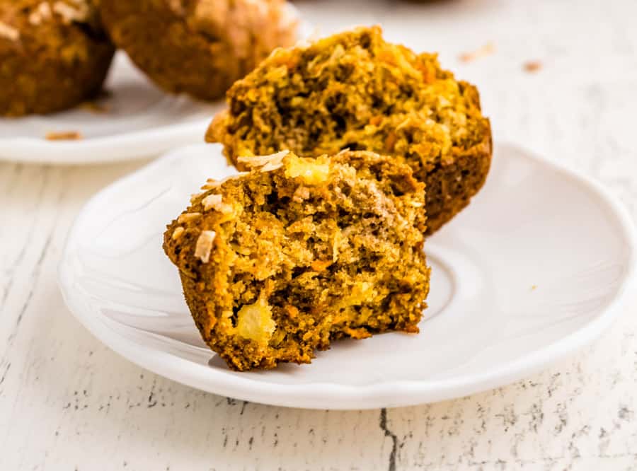close up of a muffin broken in a half