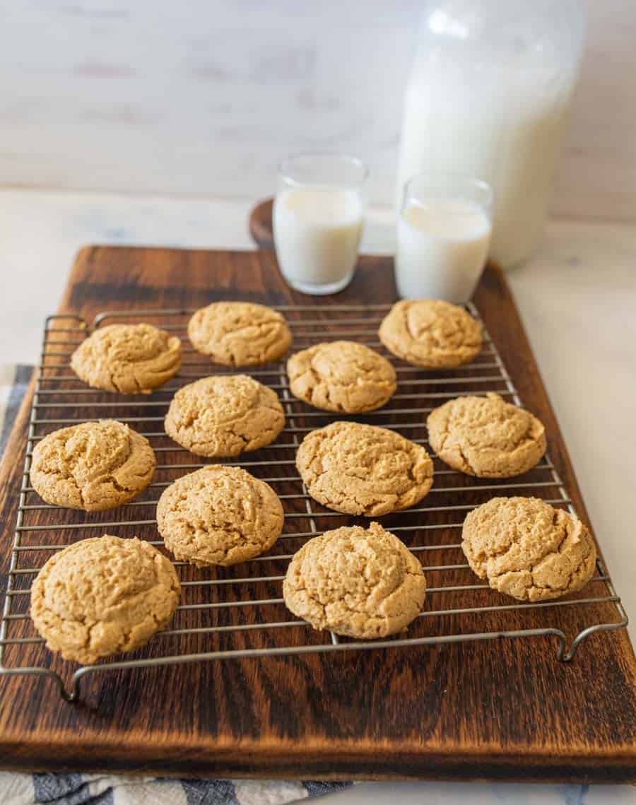 close up picture of peanut butter cookies on a cooling rack