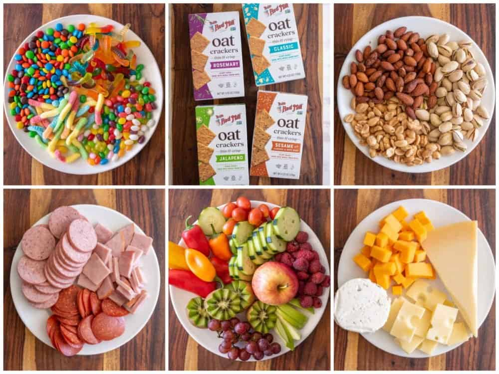 six small photos with close up views of the various categories of cheese board ingredients