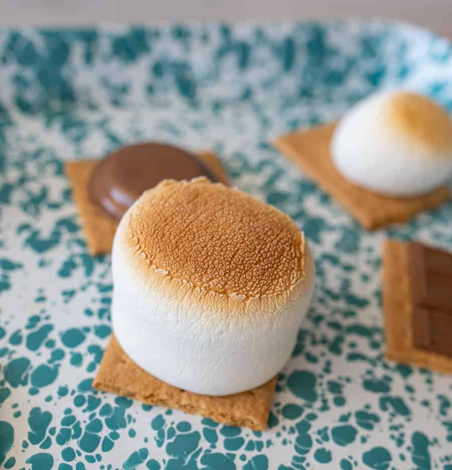 close up of toasted marshmallow on a graham cracker.