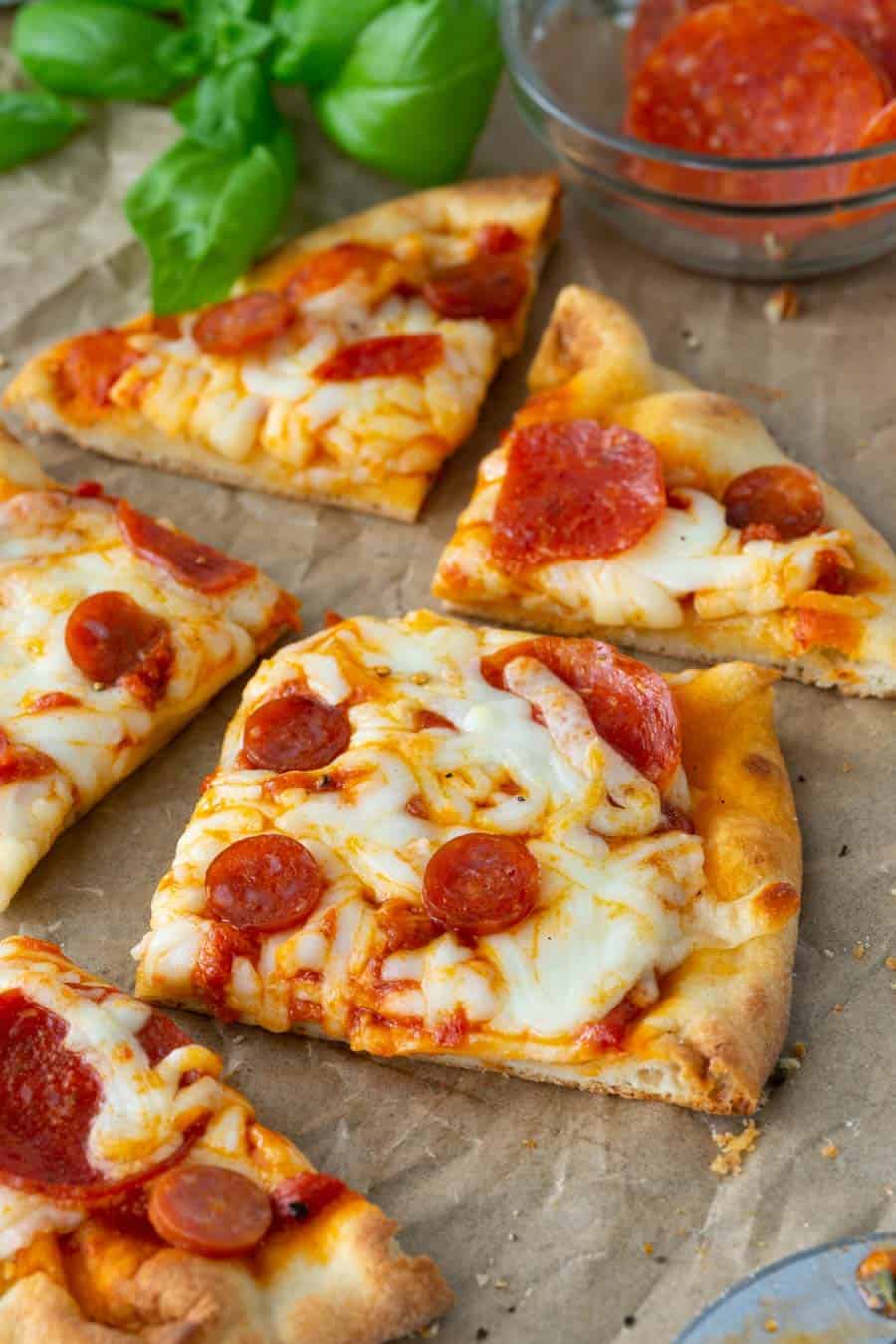 picture of pepperoni flatbread pizza cut into slices