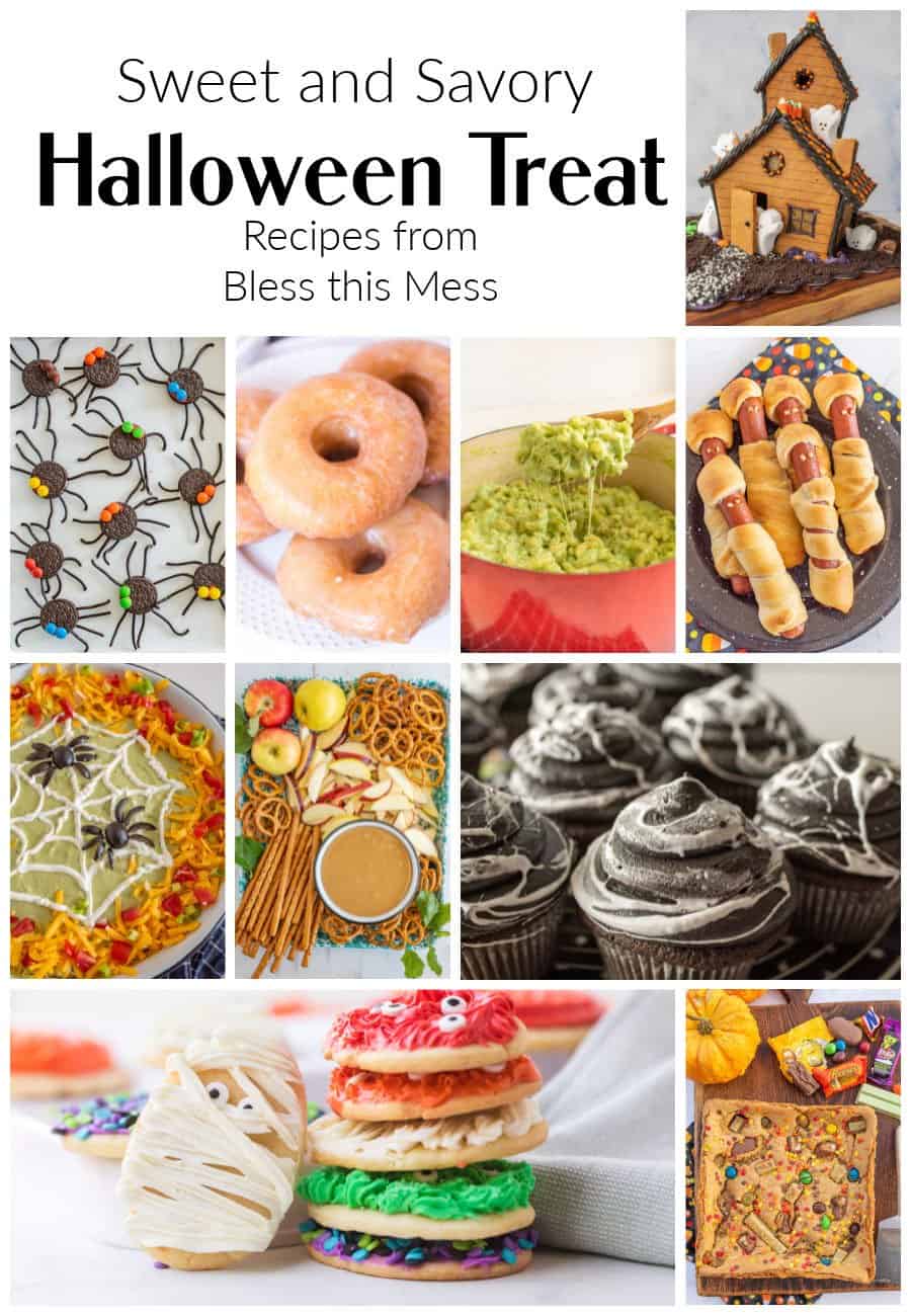 A collage of Halloween party food including spider cookies, donuts, guacamole, mummy hot dogs, spiderweb taco dip, pretzel snack platter, black cupcakes, mummy cookies, colorful stacked cookies, and a gingerbread haunted house.
