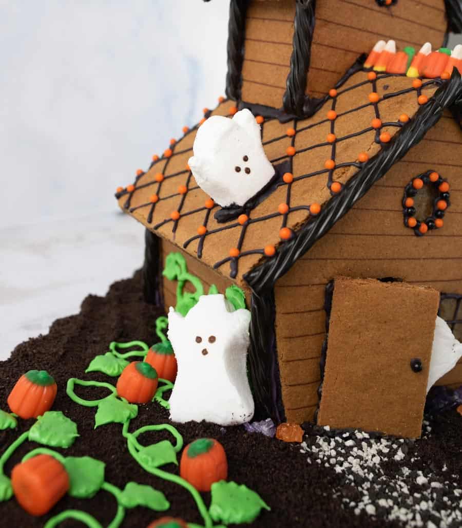 close up side view of a Halloween gingerbread house